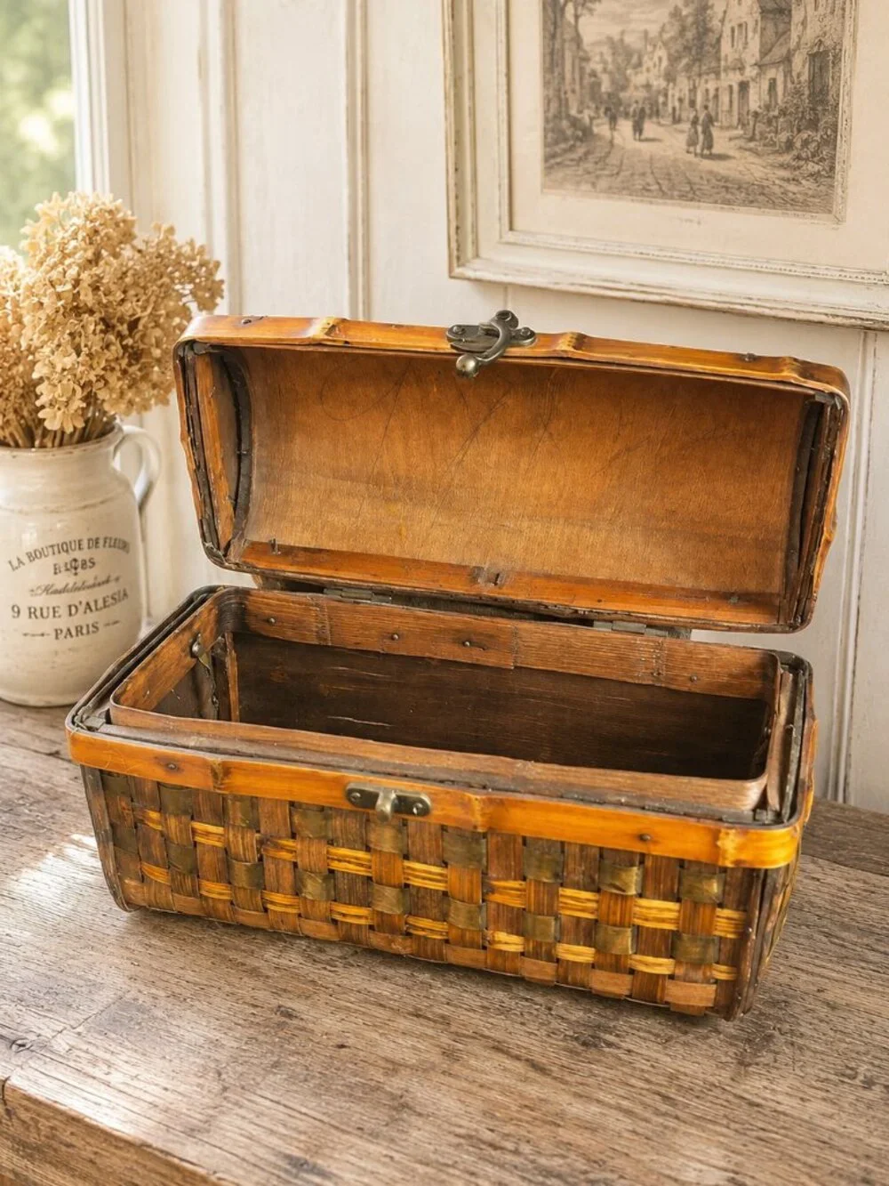 Vintage Woven Wood Basket with Hinged Lid & Double Handles